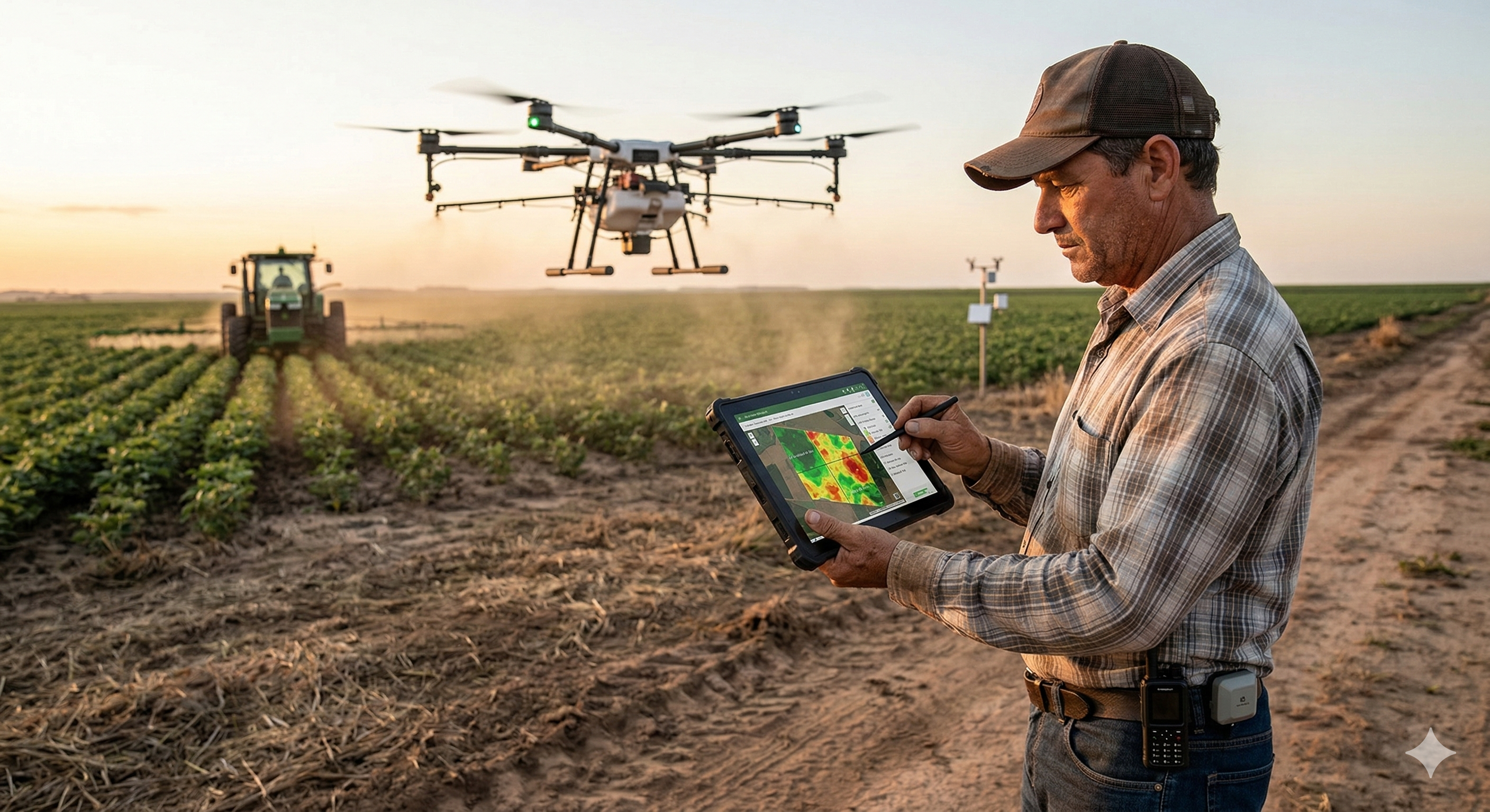 Agricultor usando tecnologia no campo